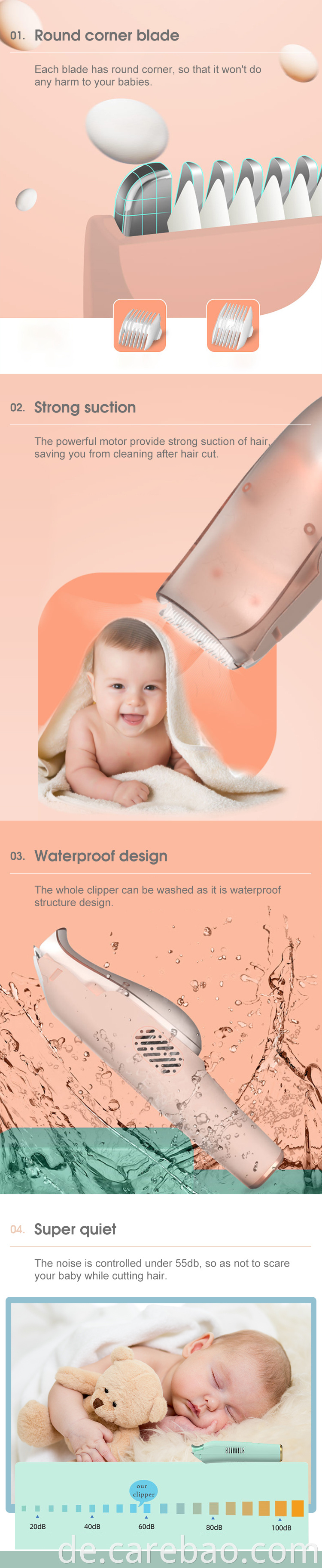 Modernes Design Baby Vakuum Hair Clipper Trimmer für den Heimgebrauch mit Edelstahl -Keramikblättern